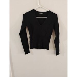 Fashion Black Ribbed Long Sleeve Wrap V-Neck Top Size Medium